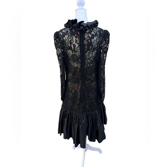 VINTAGE 70s VICTOR COSTA Couture Pleated Ruffle and Lace Midi Dress - Picture 3 of 14